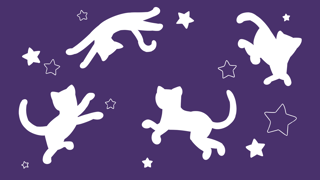 Illustration of cat silhouettes floating in space.