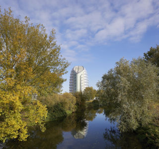 Rocket Tower and reflection in the canal