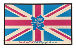 The 2012 Olympic flag signed by astronauts, including Piers Sellers, when on the STS-132 mission whilst in space on the ISS.